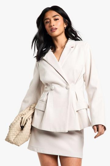 Petite Gestreepte Nepwollen Blazer Met Geplooide Taille taupe