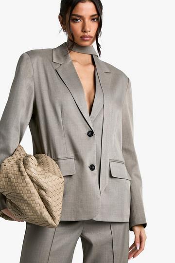 Tailored Neck Tie Woven Blazer taupe