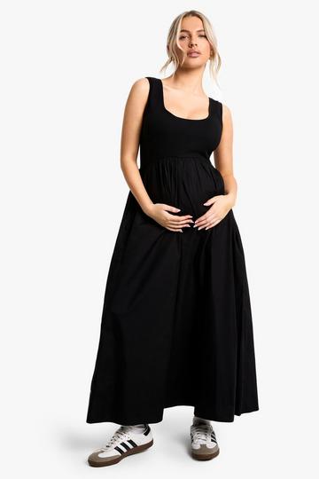 MATERNITY RIB COTTON SQUARE NECK MIDAXI SKATER DRESS black