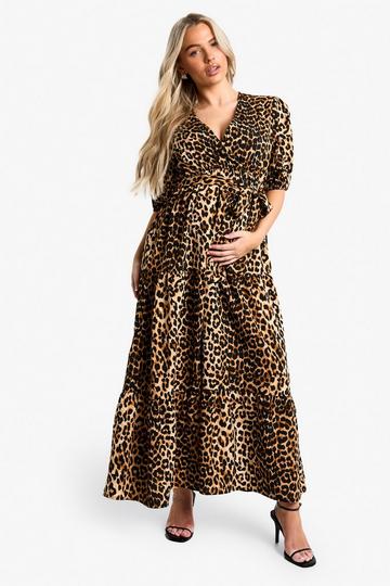 Multi MATERNITY LEOPARD WOVEN PUFF SLEEVE MIDAXI DRESS