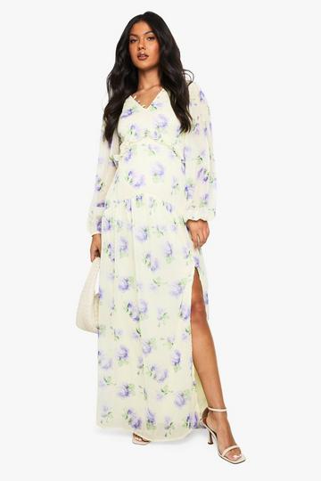 Maternity Chiffon Long Sleeve Pleated Waist Maxi Dress lemon