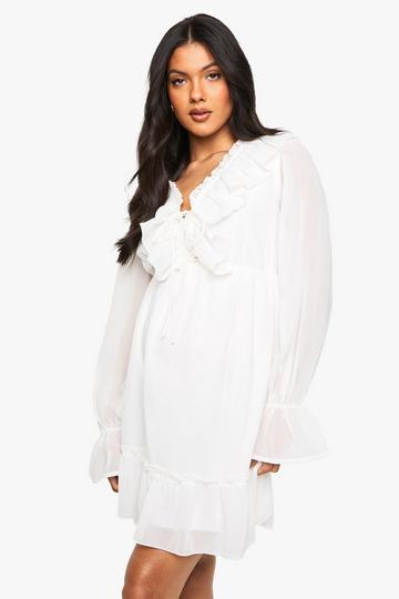 Maternity Chiffon Long Sleeve Ruffle Dress ecru