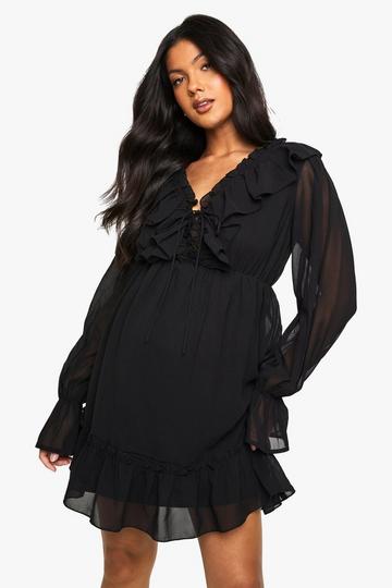 Maternity Chiffon Long Sleeve Ruffle Dress black