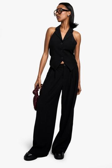 Geweven Getailleerde Geplooide Wide Leg Broek black