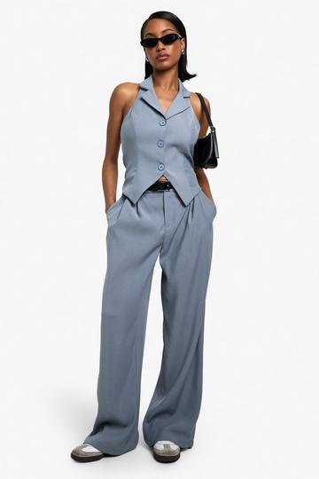 Grey Woven Tailored Pleated Wide Leg Trousers