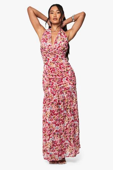 Floral Chiffon Ruched Dropped Hem Maxi Dress pink