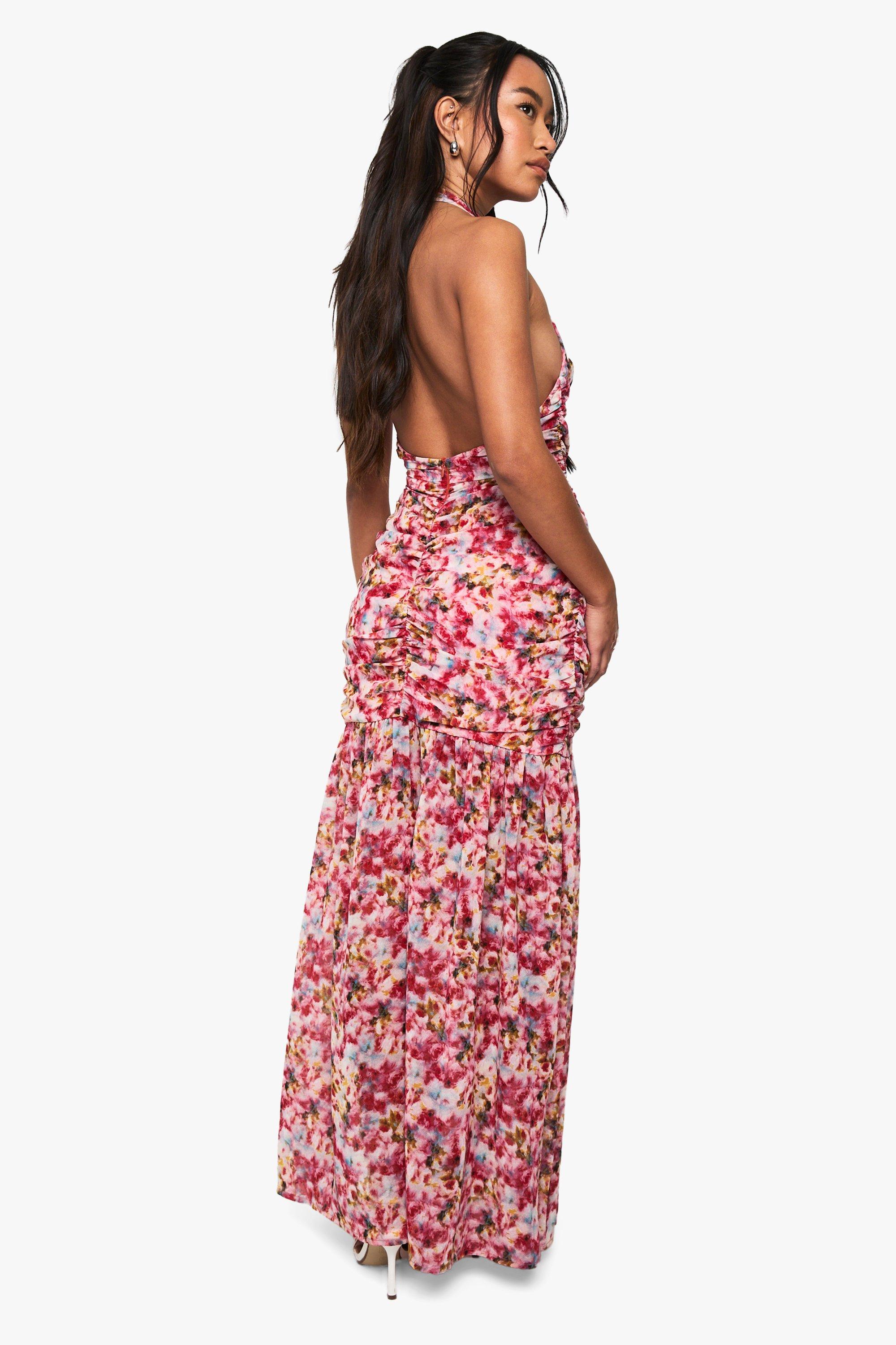 Ruched Spaghetti Strapped Leopard Print Maxi Dress