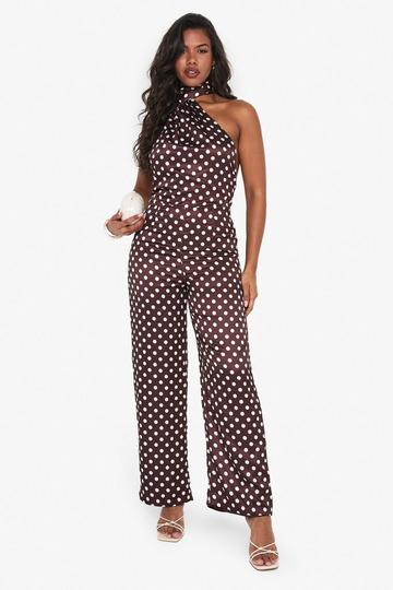 Polka Dot Satin Scarf Detail Jumpsuit chocolate