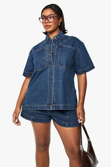 Plus Long Line Denim Overhemd Met Korte Mouwen mid blue