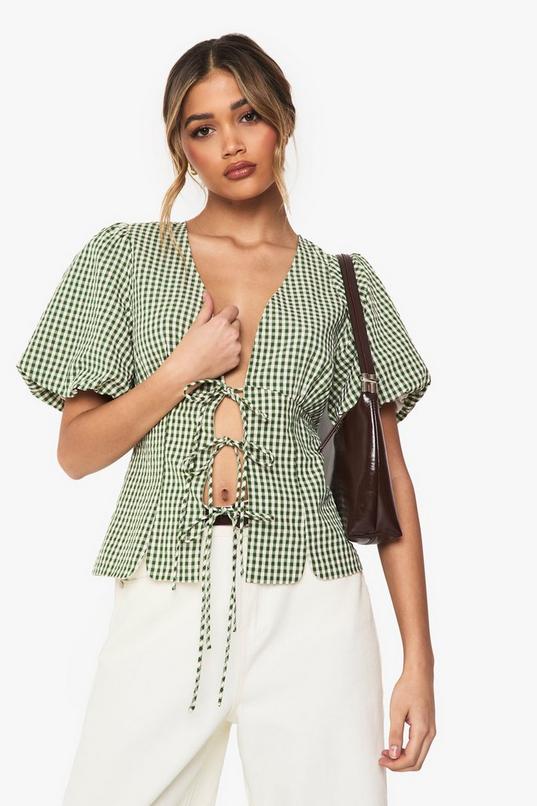 Woven Gingham Tie Front Puff Sleeve Top | boohoo USA Woven Gingham Tie Front Puff Sleeve Top | boohoo USA