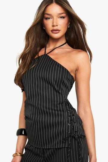 Pinstripe Halter Lace Up Top black