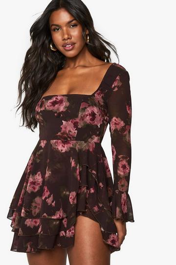 Floral Chiffon Skater Dress brown