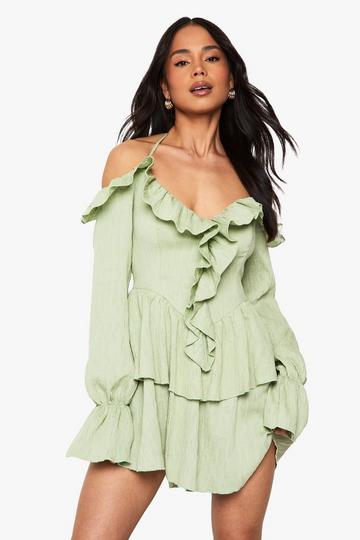 Sage Green Crinkle Ruffle Layered Mini Dress