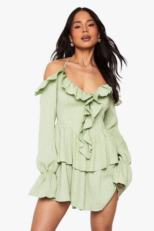 Crinkle Ruffle Layered Mini Dress | boohoo USA Crinkle Ruffle Layered Mini Dress | boohoo USA