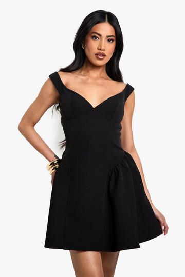 Black Bardot Structured Volume Skater Mini Dress