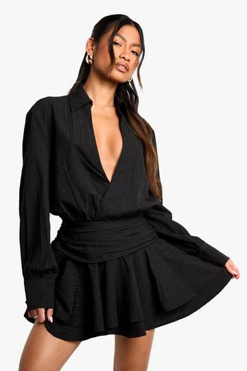 Textured Ruched Frill Skirt Mini Dress black