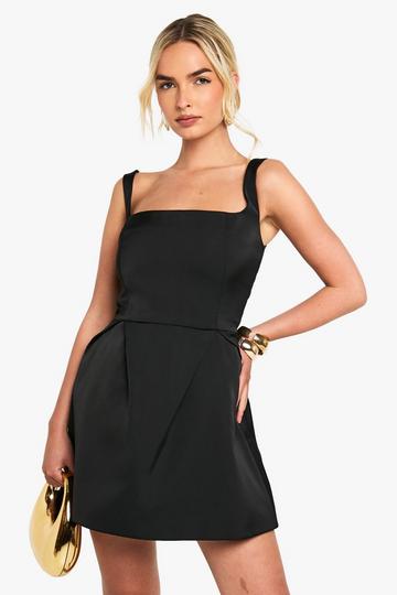 Satin Square Neck Structured Mini Dress black