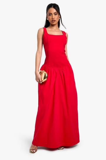 Bengaline Square Neck Dropped Waist Maxi Dress red