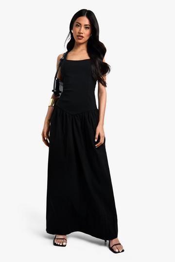 Black Bengaline Square Neck Dropped Waist Maxi Dress