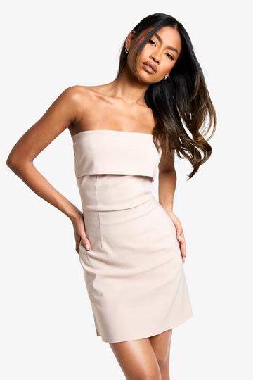 Stone Beige Bengaline Foldover Bandeau Tailored Mini Dress