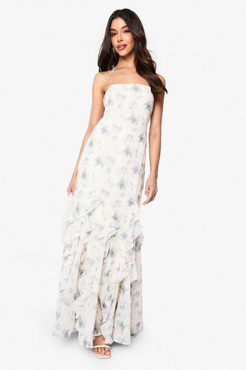 Floral Ruffle Hem Strappy Maxi Dress ivory