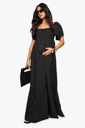 MATERNITY COTTON POPLIN PUFF SLEEVE MAXI DRESS black