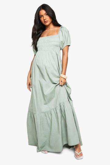 MATERNITY COTTON POPLIN PUFF SLEEVE MAXI DRESS sage