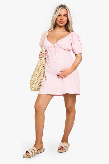 MATERNITY COTTON TIE FRONT PUFF SLEEVE SKATER DRESS pink