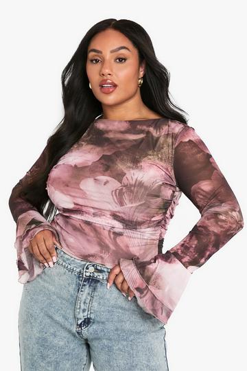 Plus Abstracte Mesh Bodysuit Met Wijde Mouwen rose