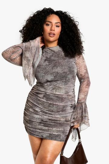 Stone Beige plus snake mesh flare cuff mini dress