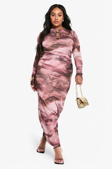 plus trim detail abstract mesh maxi dress rose