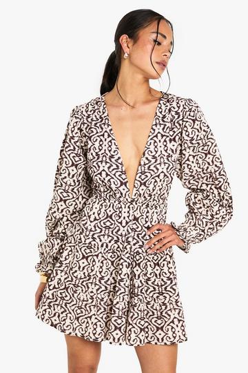 Printed Linen Look Plunge Long Sleeve Mini Dress chocolate