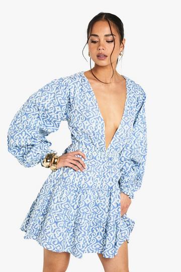 Linnen Look Mini Jurk Met Print, Laag Decolleté En Lange Mouwen light blue