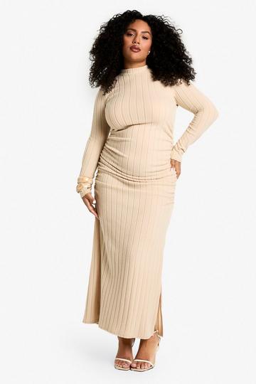 Stone Beige plus wide rib rouched maxi dress