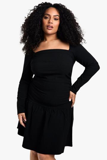 Black plus bengaline square neck rouched skater dress