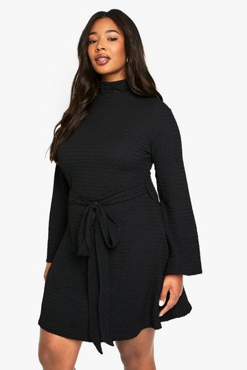 plus ripple texture belted skater dress black