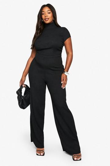 plus ripple texture high neck jumpsuit black