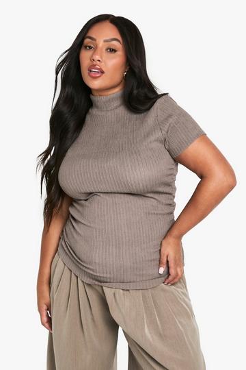 plus ripple texture high neck rouched top mocha