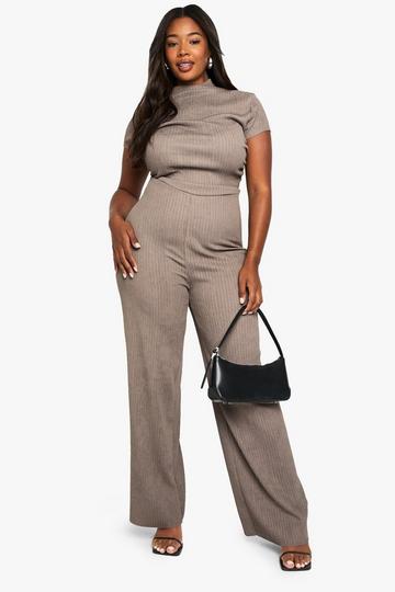 plus ripple texture high neck jumpsuit mocha