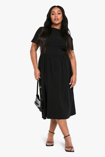 plus bengaline rouched midi skater dress black