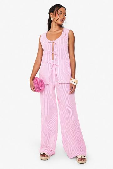 Seersucker Stripe Sleeve Top & Tie Front Trouser Set pink