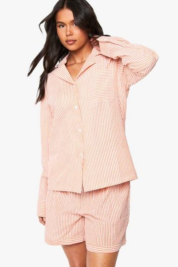 Gestreepte Seersucker Pyjama Set Met Lange Mouwen En Shorts orange
