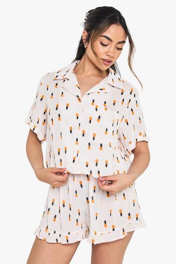 Boxy Ananas Print Pyjama Set Met Overhemd En Shorts yellow