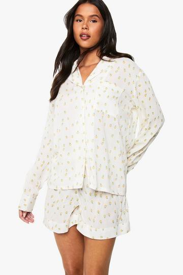Lemon Print Cheesecloth Long Sleeve Shirt and Short Pyjama Set lemon