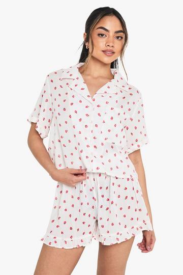 Strawberry Print Cleesecloth Boxy Shirt and Short Pyjama Set white