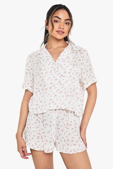 Floral Cheesecloth Boxy Shirt And Short Pyjama Set pink