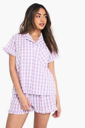 Gingham Seersucker Ruffle Detail Short Sleeve Shirt & Shorts Pyjama Set lilac