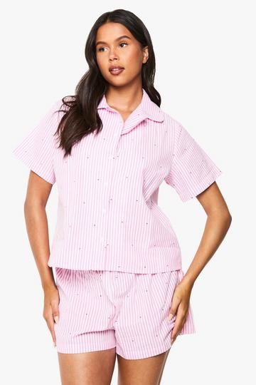 Seersucker Stripe Heart Print Shirt and Short Pyjama Set pink