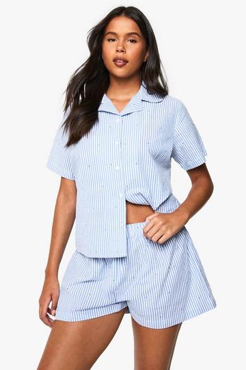 Seersucker Stripe Heart Print Shirt and Short Pyjama Set blue