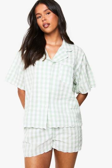 Gingham Pyjama Set Met Blouse Met Geribbelde Zoom En Shorts mint